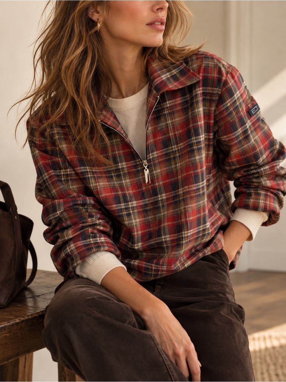 Liz Claiborne Plaid Lightweight Quarter Zip Hooded Jacket | M